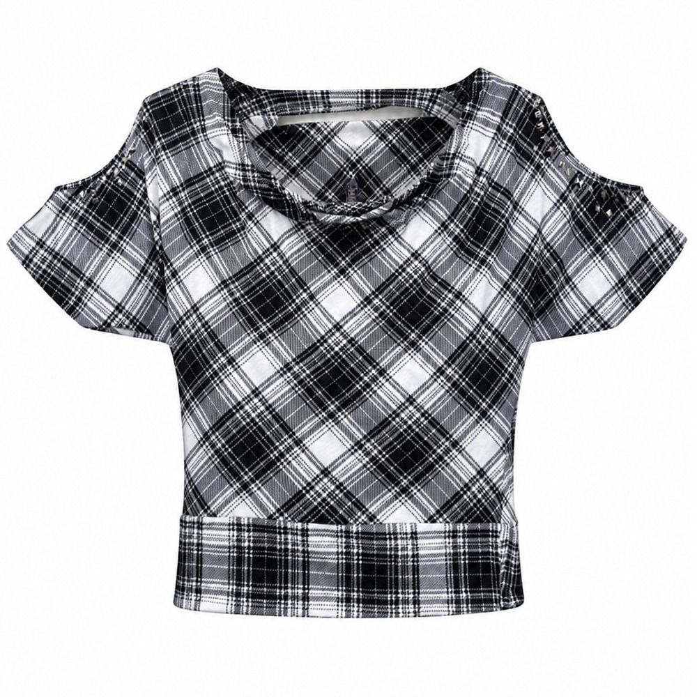 Kouture by Kimora Top Women XL Cold Shoulder Black White Plaid Regular Y2K Studs